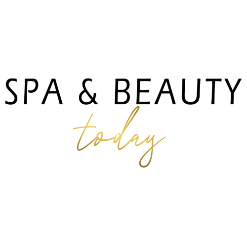 The words "Spa & Beauty" in all caps and black font centered on an all white blank background with the word "today" in a gold gradient centered under the words Spa & Beauty.