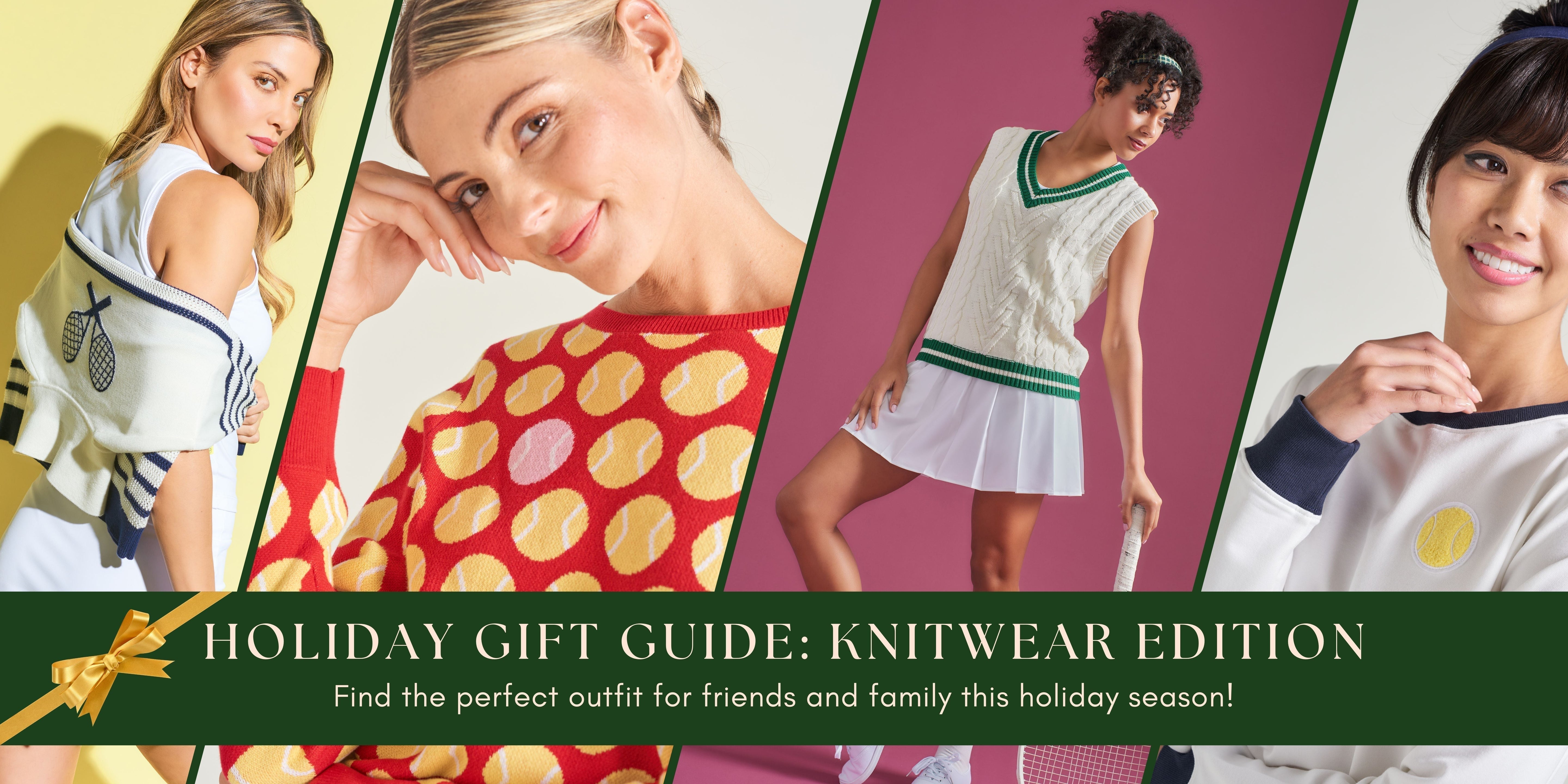 Image of 4 different women in L'Oeuf Poche lifestyle outfits. Green banner at the bottom that reads Holiday Gift Guide: Knitwear Edition. Under that it says "Find the perfect outfit for friends and family this holiday season!"