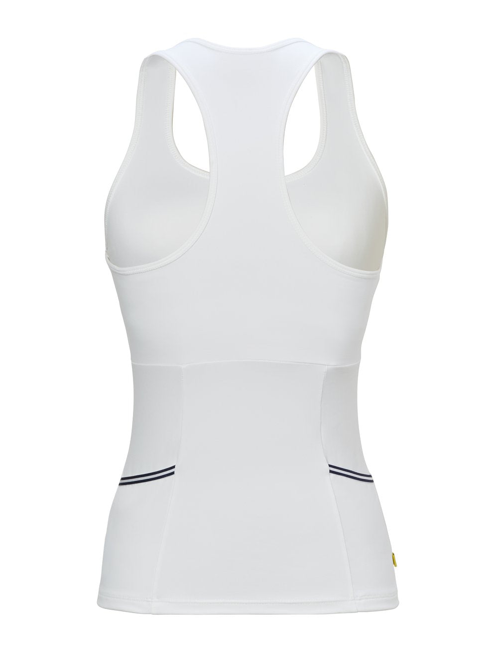 Best tank tops for women in white with navy and white trim along back pockets.