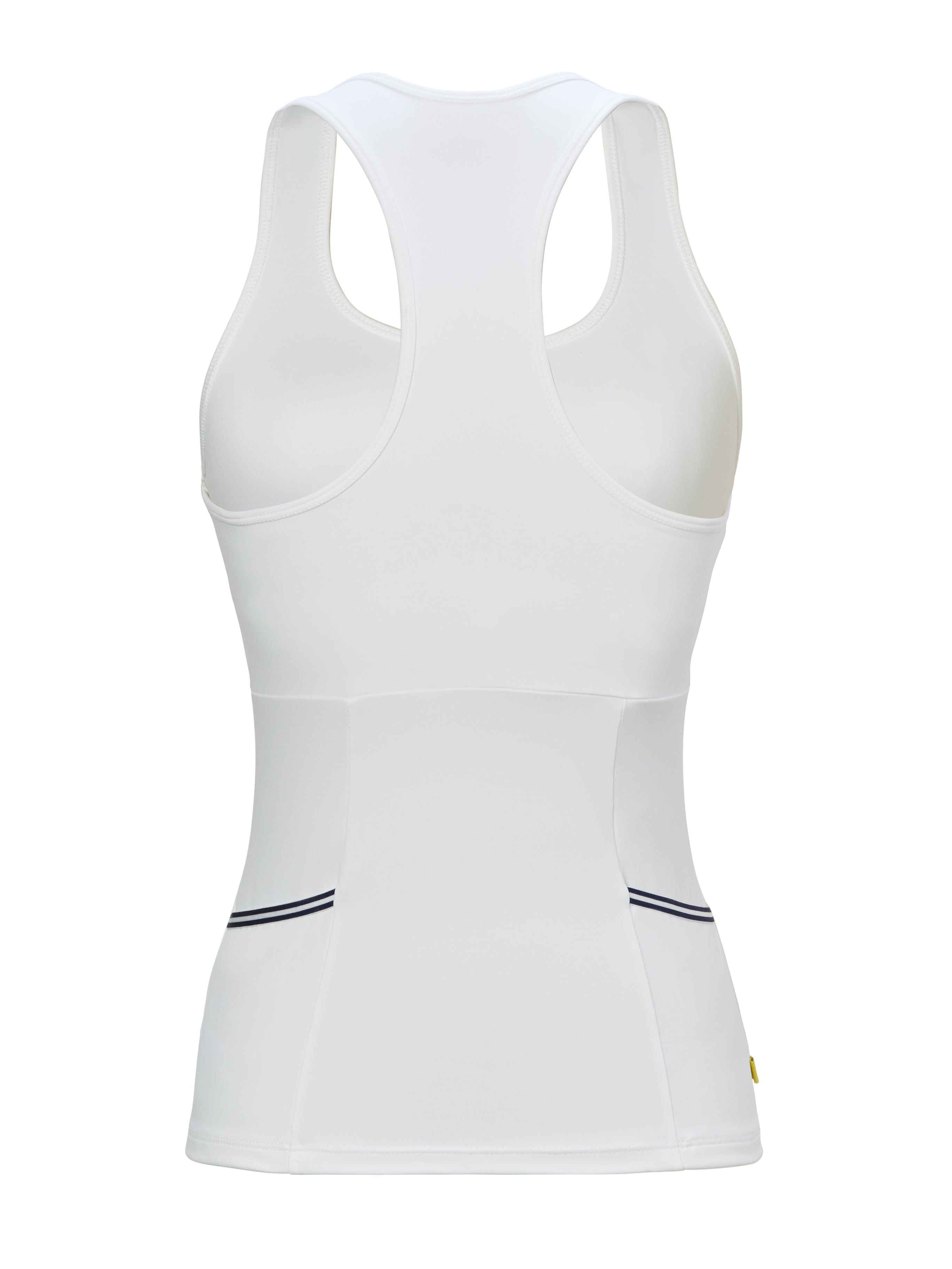 Back view of white tennis shirt with navy and white trim.