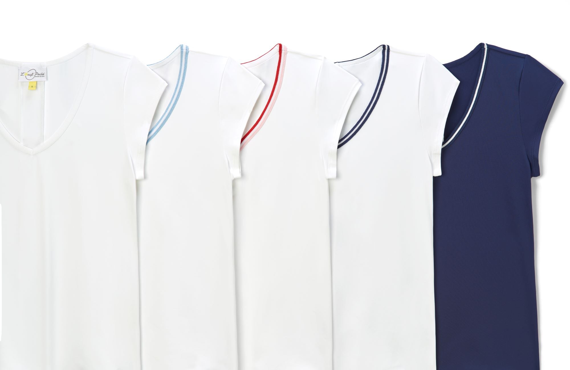 Women tennis t-shirts with knitted trim in a variety of trim options with a white mesh strip down the back for breathability.