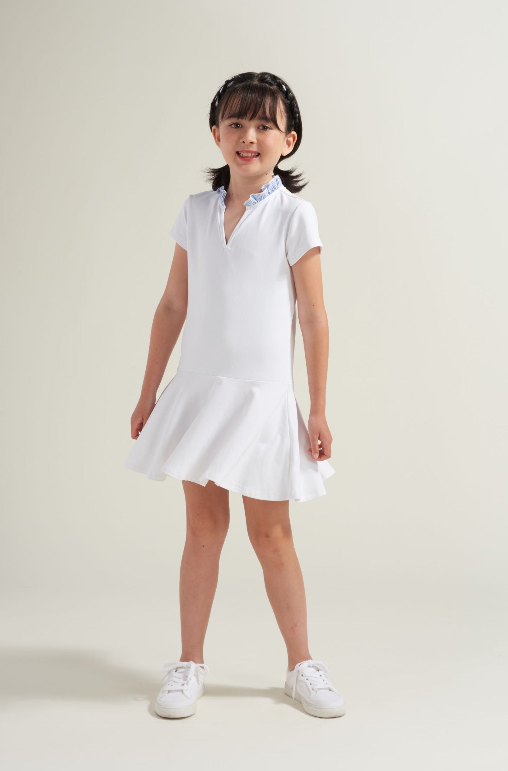 White tennis dress for girl with blue seersucker dress