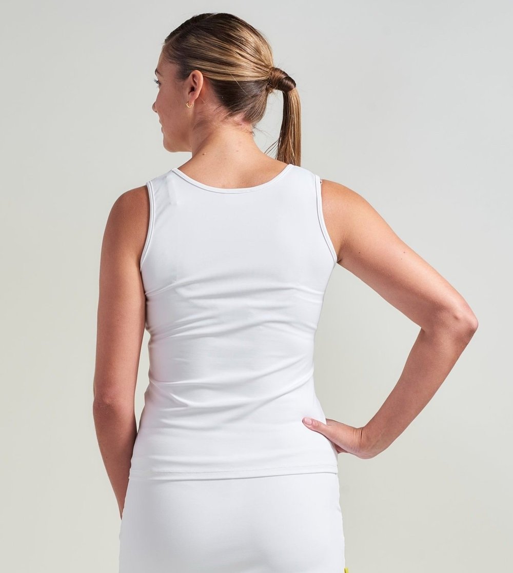 Back view of bright all white tennis tank top and matching tennis skort