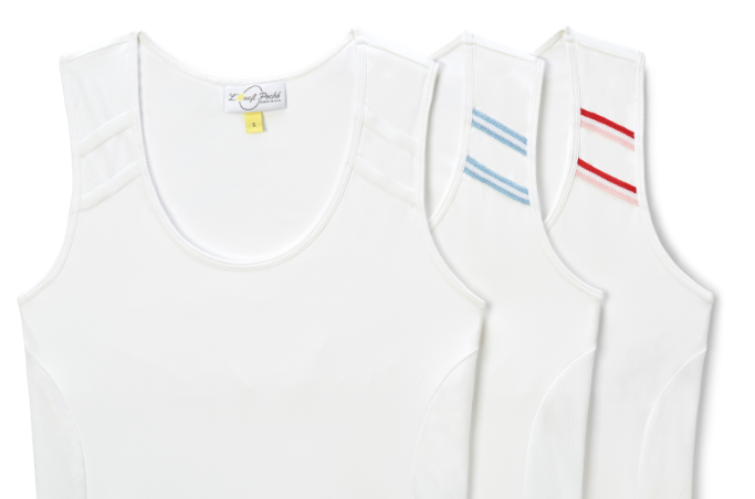 white sleeveless tank top with chevron patterns and mesh side inserts, with a built-in bra and knitted tape detail on the shoulder.