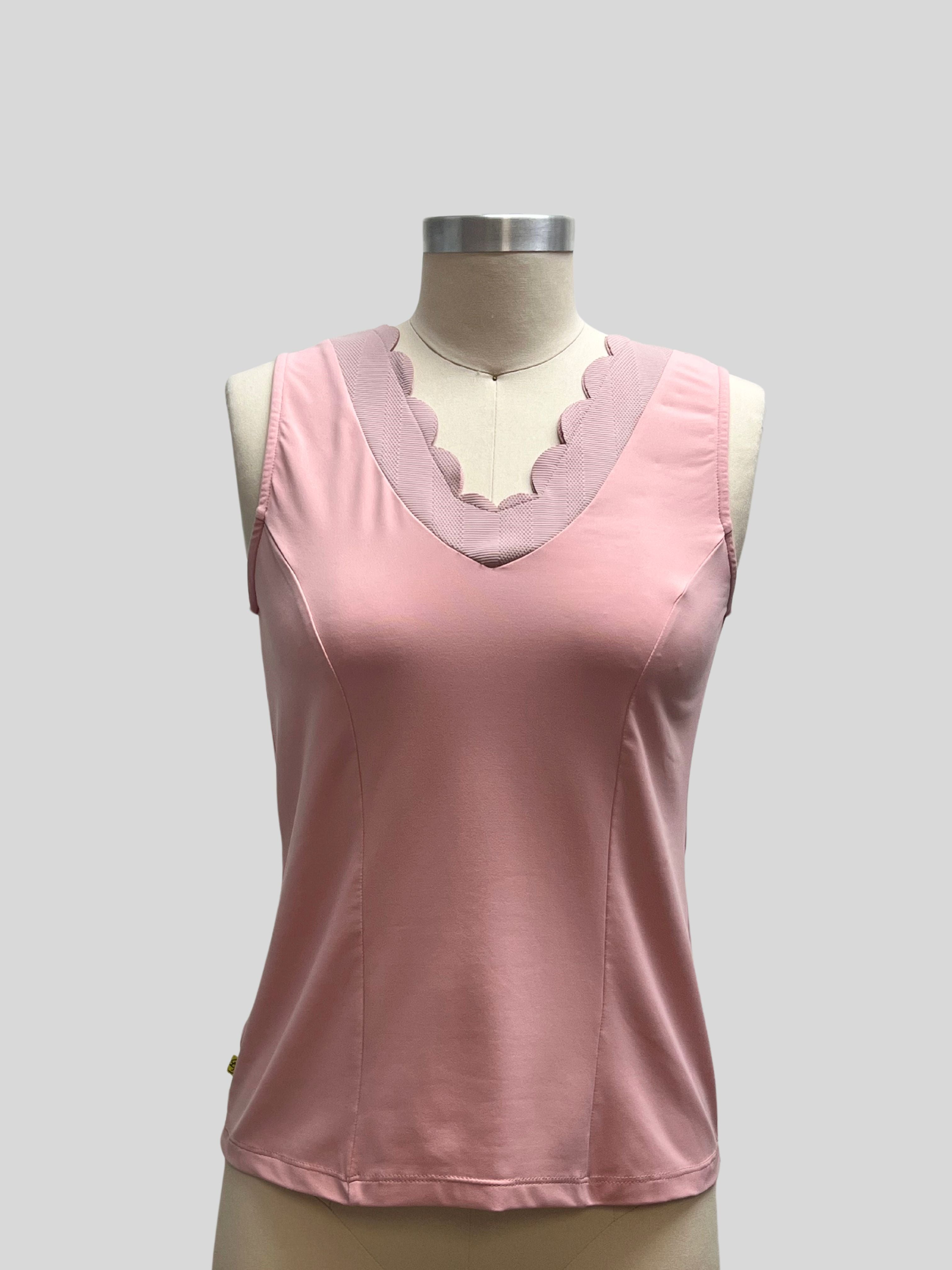 workout shirt for women in pink with scalloped edge.