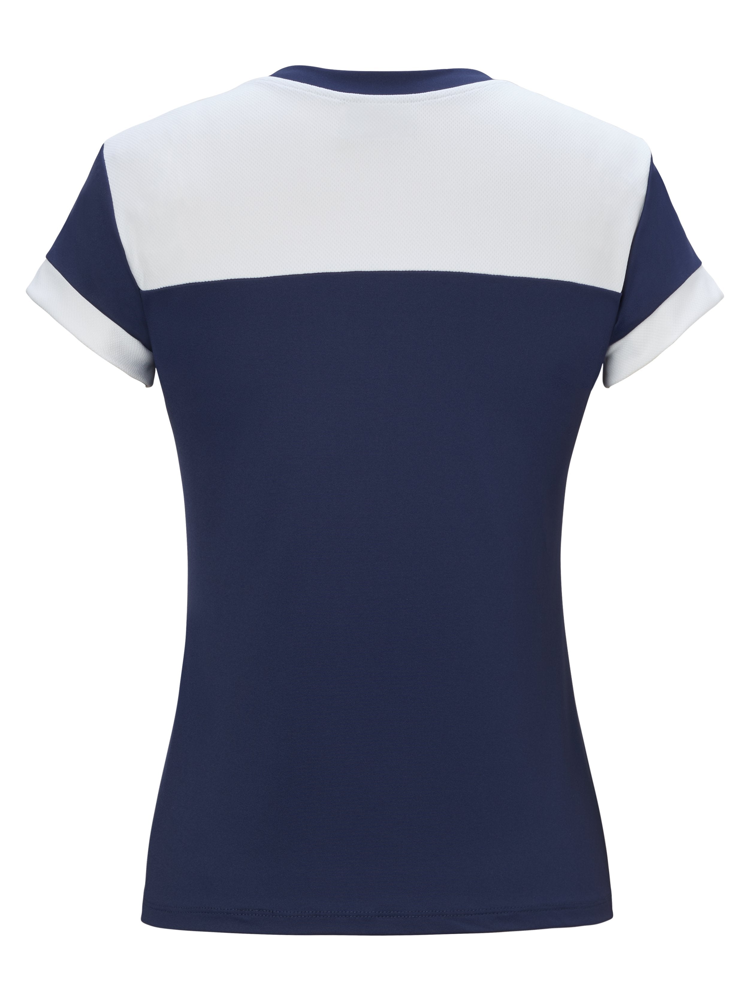 Back view of women's navy polo shirt with white color blocking.