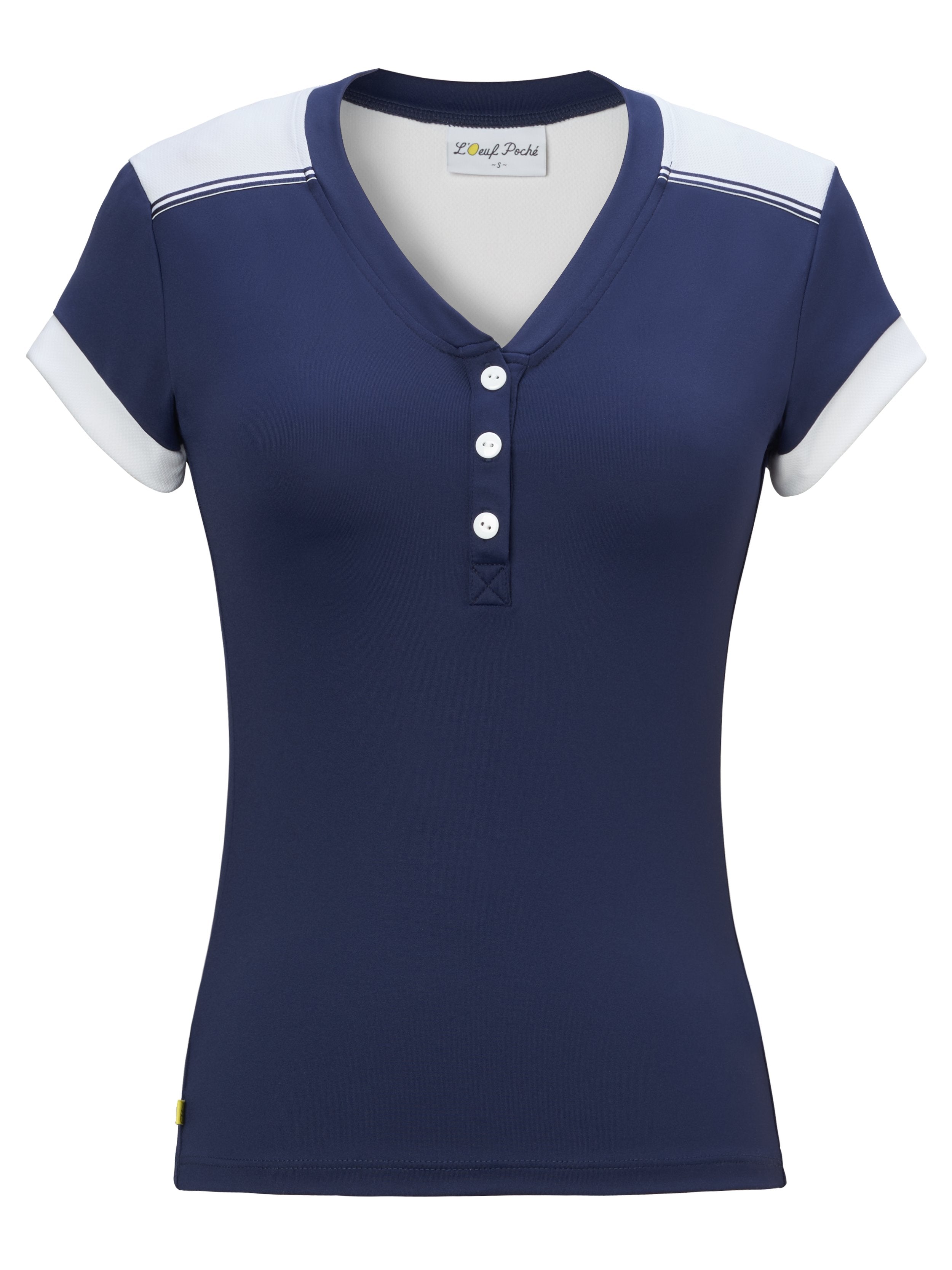 Women's tennis t-shirt in navy with white color blocking and button down neckline.