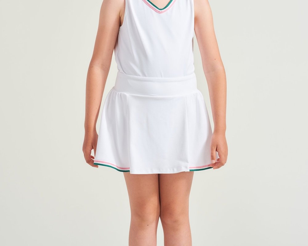 White tennis skort with side ruffle and pink and green trim for kids