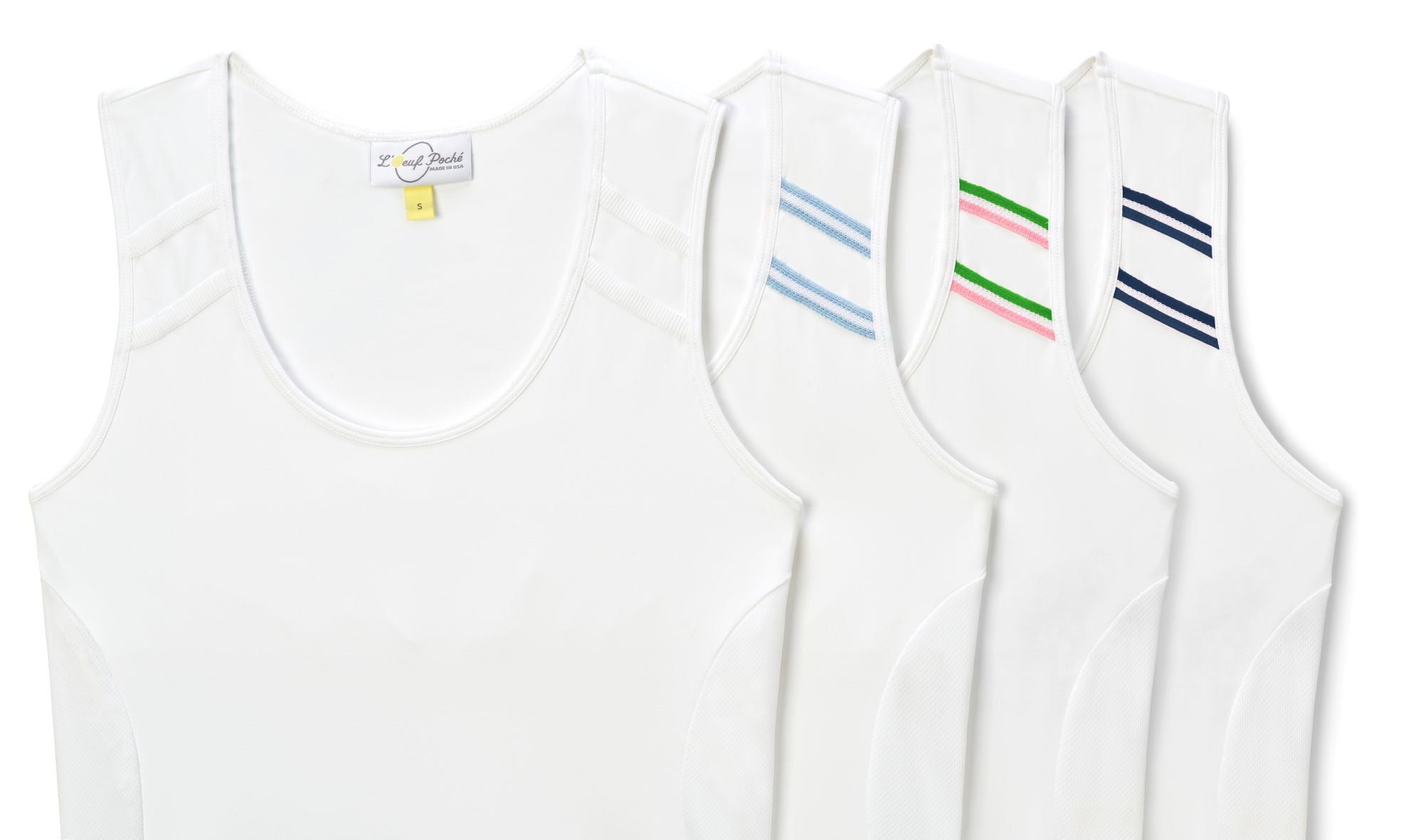 Variety of racerback tennis tank top with colored trims and an all white option on straps.
