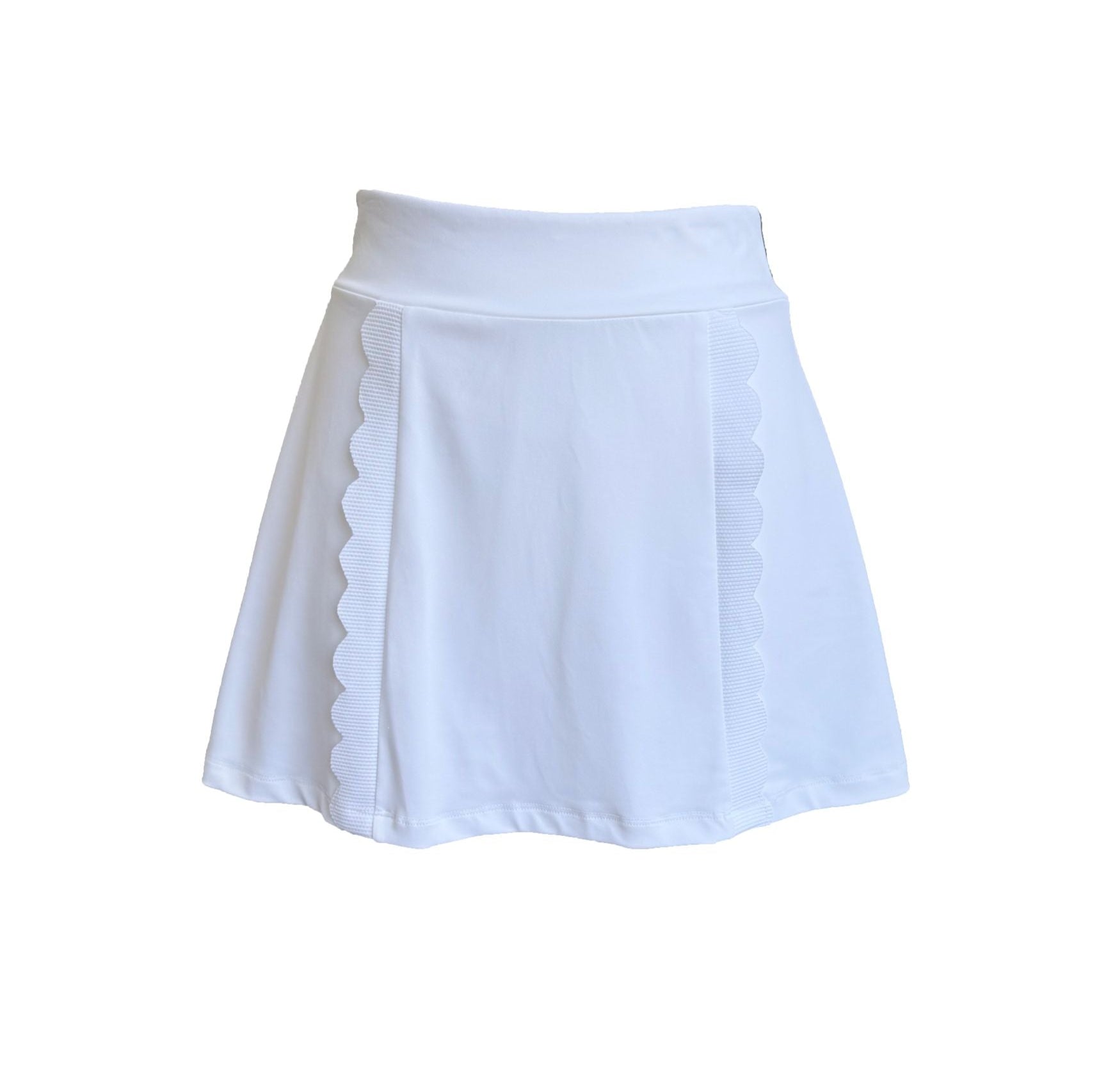 White skirt with scalloped trim on a white background